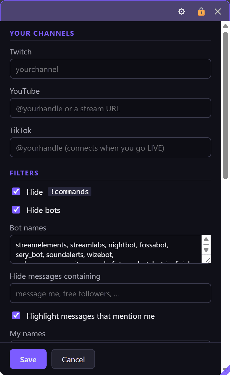 Chatskee settings — channel inputs and filters