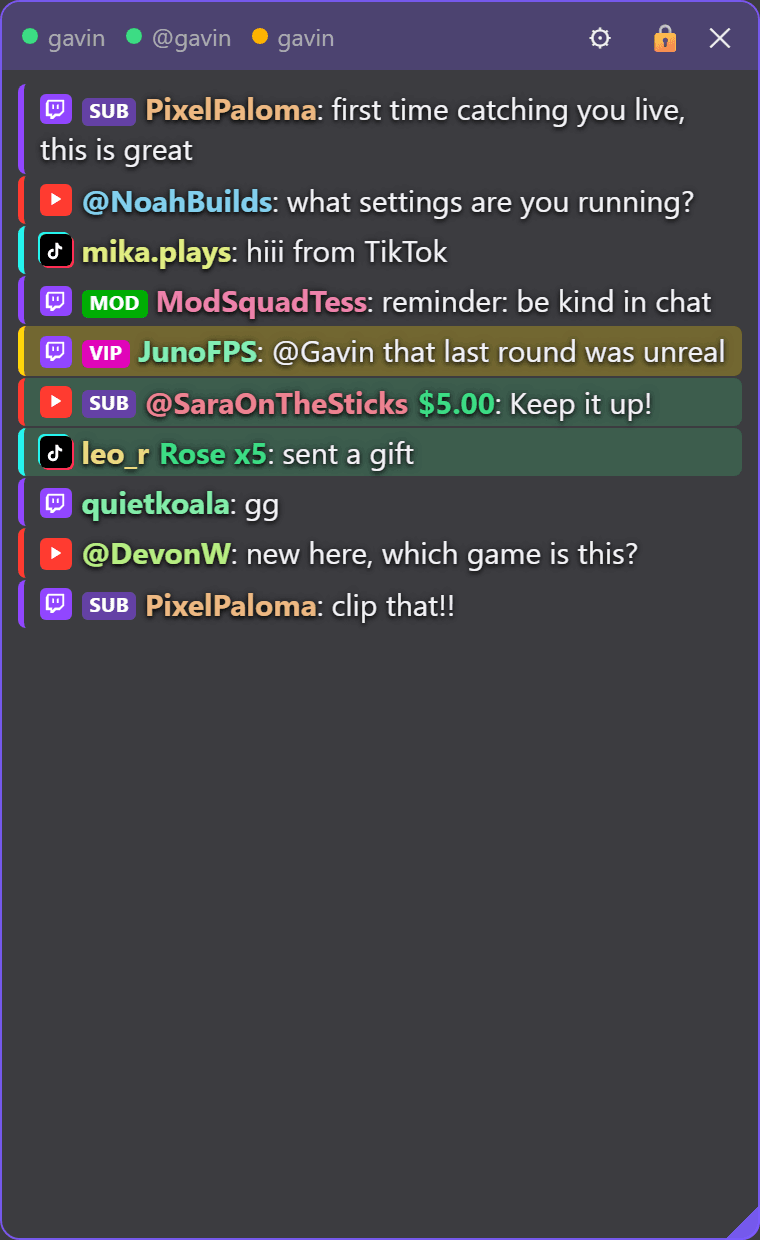 Chatskee overlay showing merged Twitch, YouTube and TikTok chat